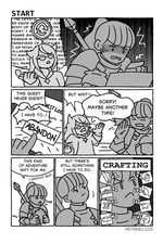 Start - An NPC with a repeat quest icon is saying a wall of text about Noah and the Crystal Tower raids.  The Warrior of Light (WoL) is shaking in frustration and despair while looking at the menu. "This quest never ends!? I have to...!" WoL presses the Abandon quest button.  The NPC calls out for the WoL to wait, but the WoL runs away, saying sorry, maybe another time!  The WoL is hunched over, holding the pot, sighing.  "This kind of adventure isn't for me. I should quit."  WoL looks up.  "But there's still something I have to do."  CRAFTING. Zoom-in on determined face surrounded by icons of all the crafting jobs at level 1.