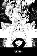 A black and white shot looking up a lot of stairs to Yharnam with tall towers, ghoulish statues and an amygdala crawling on the main tower. There is a hooded figure on the stairs holding a hunter's axe. The person smiles. "Home."
