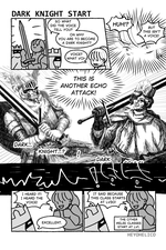 Dark Knight Start - WoL is smiling up at the claymore she's holding. Fray is in the background, unamused. Fray says, "So what did the voice tell you? On why you are to become a Dark Knight?" WoL says, "Voice? What voi-" White-out, zoom-in to WoL's face. "Huh!? But this isn't a voice! This is another echo attack!" There are two Undead in a detailed b&w hatch style, each holding a claymore. (One is wearing the Elite Knight armor and Gargoyle Helm, the other is wearing the Ordained Dress and Pontiff Knight Crown.) Dark... Knight...? ! Dark S-! The thought is interrupted with a white-on-black closeup on the WoL's face and warbled lines in the back. The WoL turns to Fray, excited. "I heard it! I heard the voice!" "Excellent." "It said because the class starts at lv30!" The other melee classes start at lv1. Fray is unamused.
